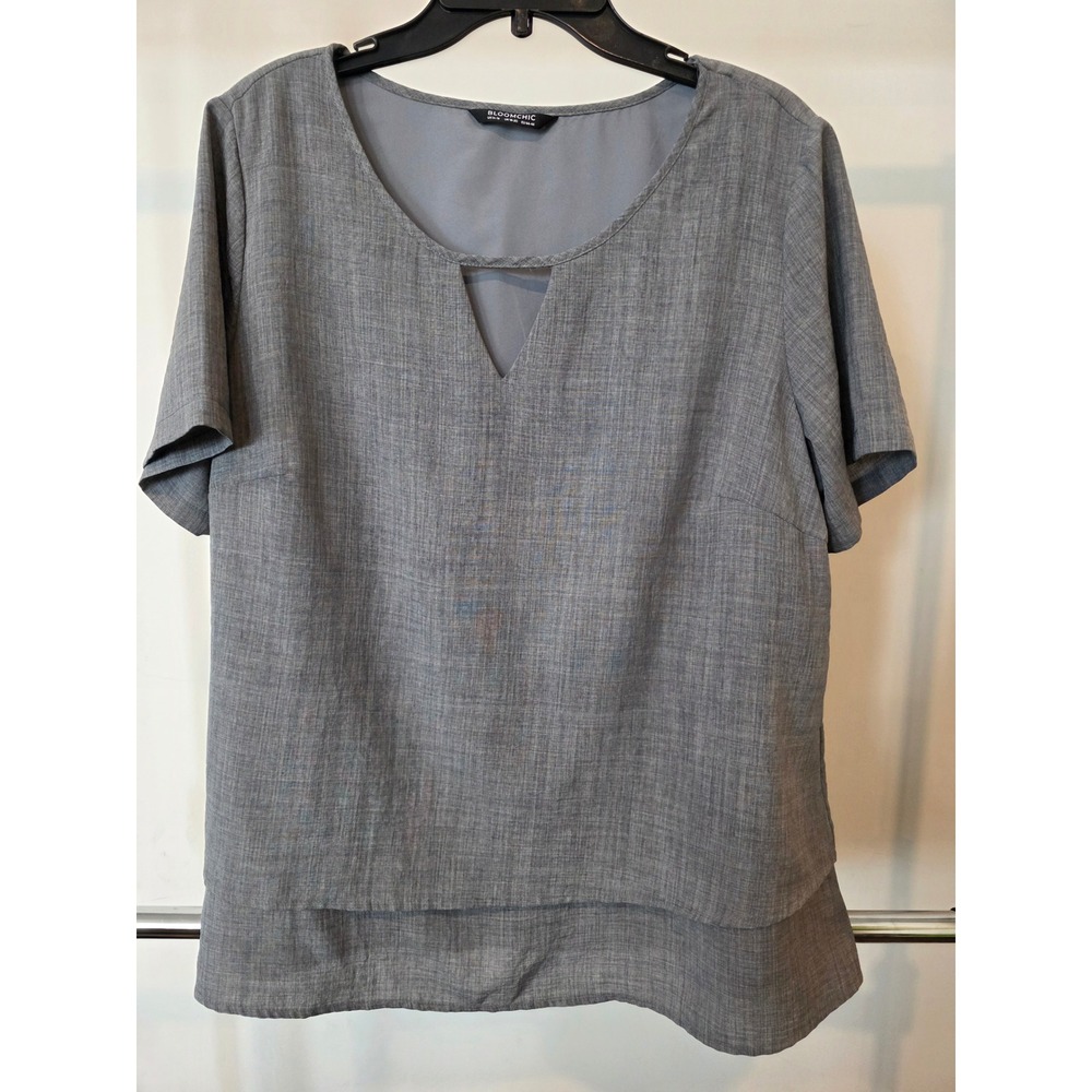 Women's sz 14/16 Grey Layered Short Sleeve Blouse Cutout V-Neck Business Casual